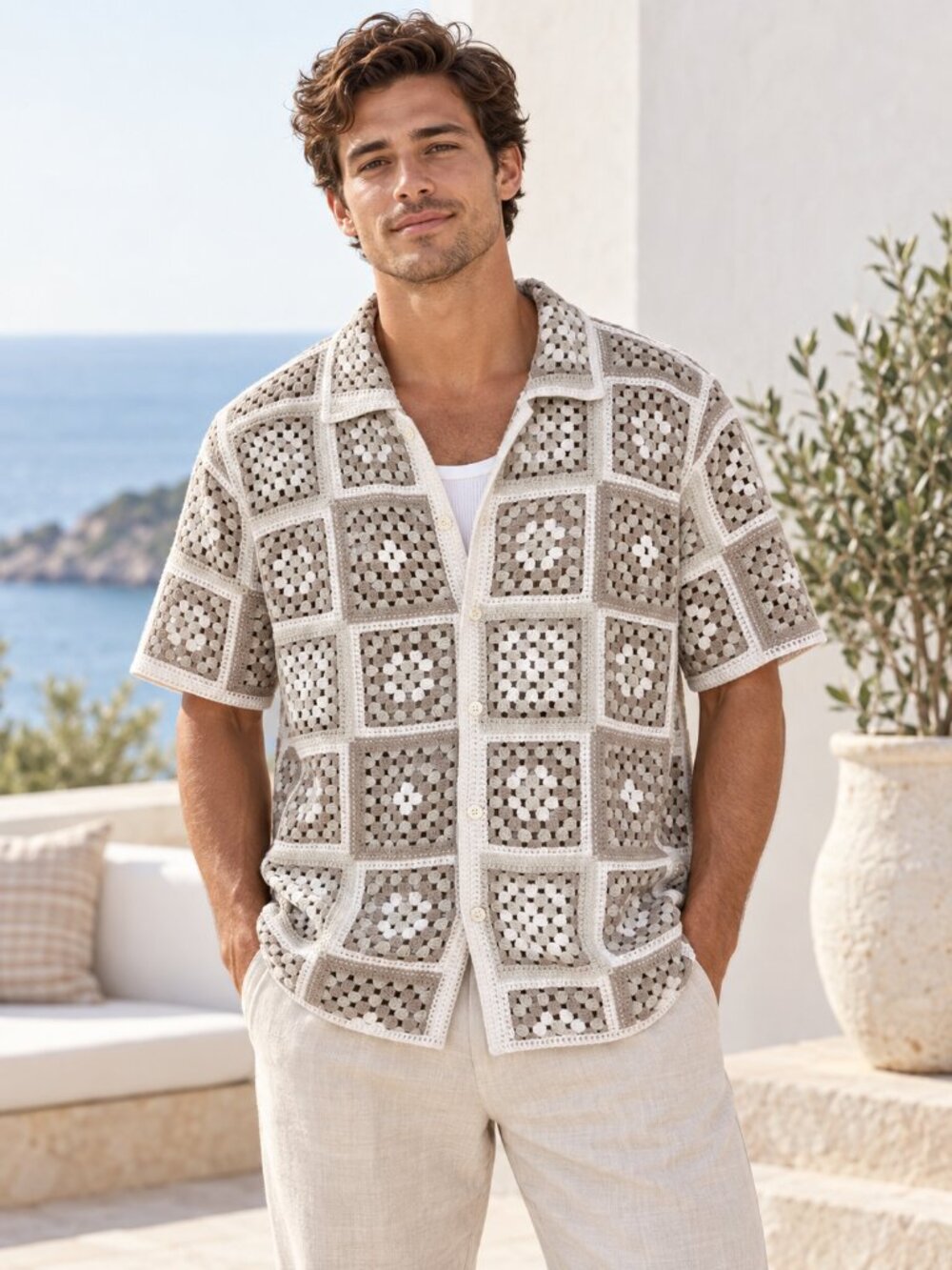 Abercrombie & Fitch Crochet Button Up Shirt Men’s M Granny Square Neutral